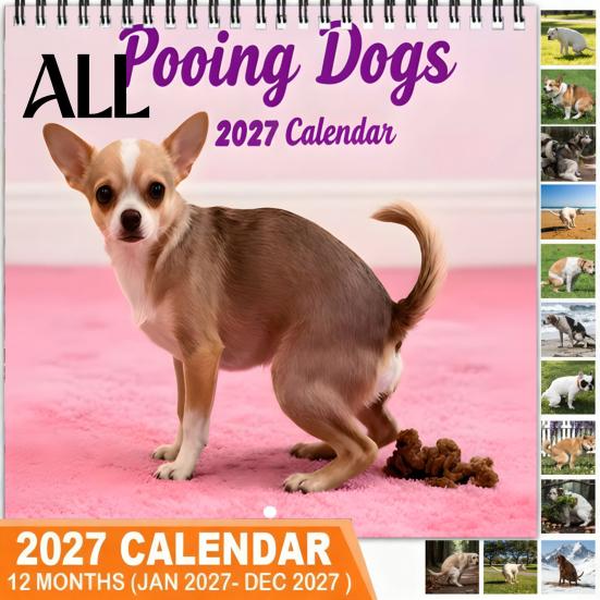 Durable Coil Binding Calendar 2027 Pooping Dogs Square Wall Calendar, Funny Dog Theme 12 Month Hanging Monthly Planner for Home Office, White Elephant