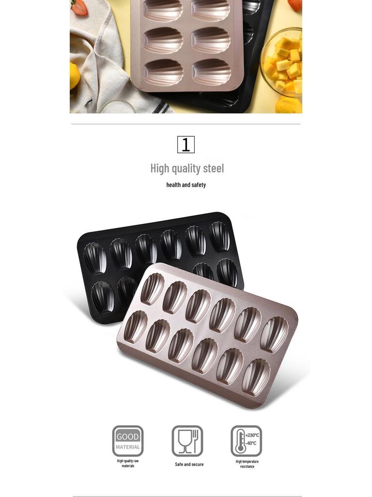 Non-Stick Stainless Steel French Shell 3D Cake Mold - 12-Cavity Baking Pan for Chiffon Pastry