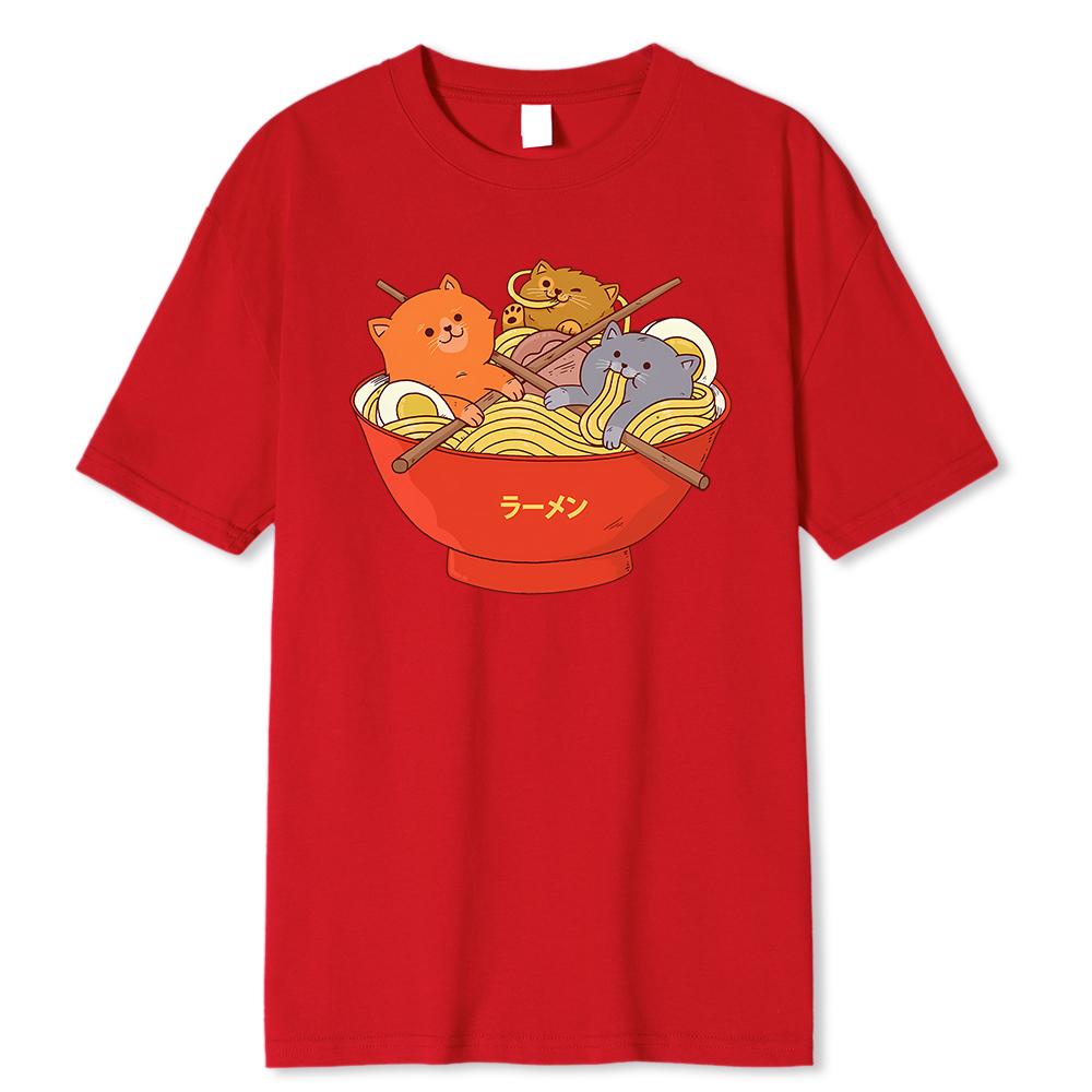 Japanese Style Cute Cats In Noodies Bowl Printed T Shirts Men Breathable Loose Clothing Casual Tshirt