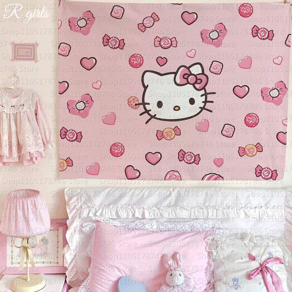 Adorable hello Kitty Pink Heart Tapestry Kawaii Anime Wall Hanging Decoration Girls Heart Printed Tapestry Super Cute Decor