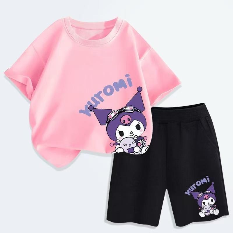 

Summer Girl Clothes Set Children Sanrio Kuromi Cartoon Print T-shirt and Short Two Pieces Set Kid Shorts Sleeve Tracksuit 100 розовый