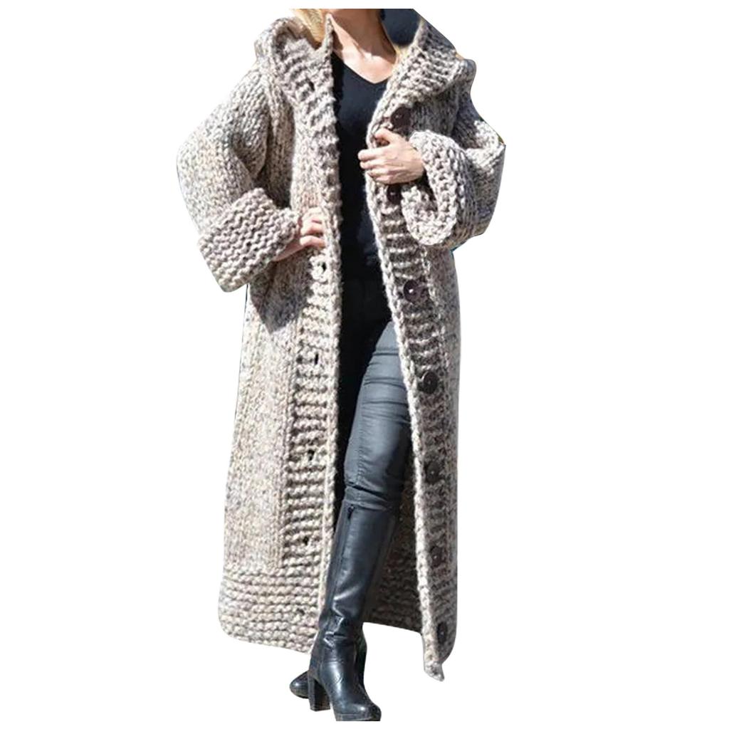 Women Casual Solid Knit Button Plus Size Long Sleeve Sweater Long Cardigan Coat