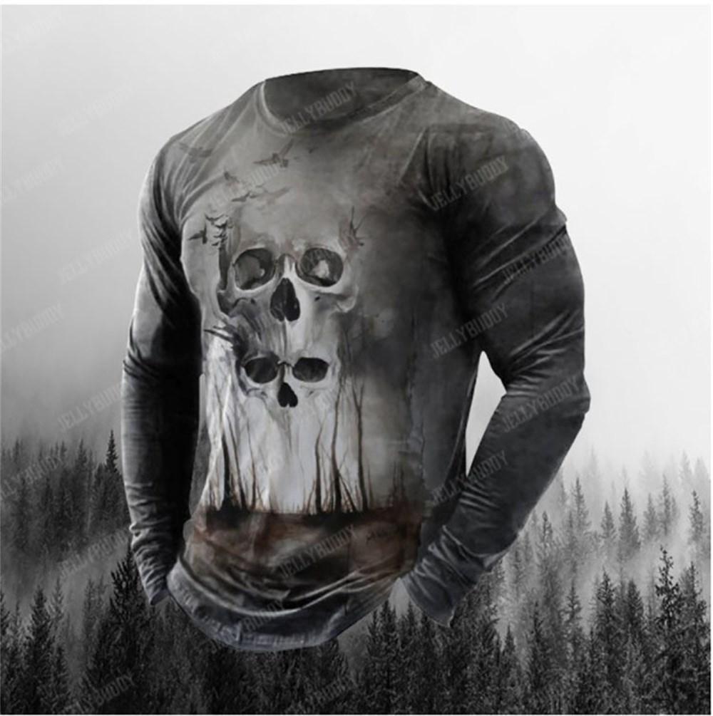 3D Printing Men's Round Neck Long Sleeves Street Trend Hip-hop Oversized Punk T-shirt Pullover Vintage Skull T-shirt