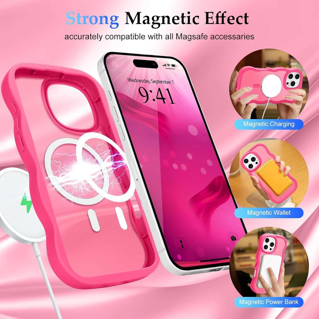 Luxury Wavy Frame Translucent Magnetic Wireless Charge Shockproof Case For 16E 16 15 14 13 12 Pro Max Plus Cover