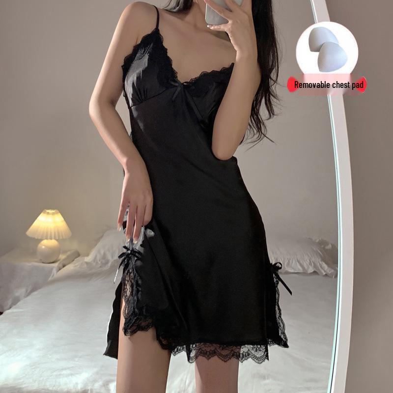 Sleek Ice Silk V-Neck Camisole Nightgown with Chest Pads - 2026 Summer Pure Desire Collection for Women