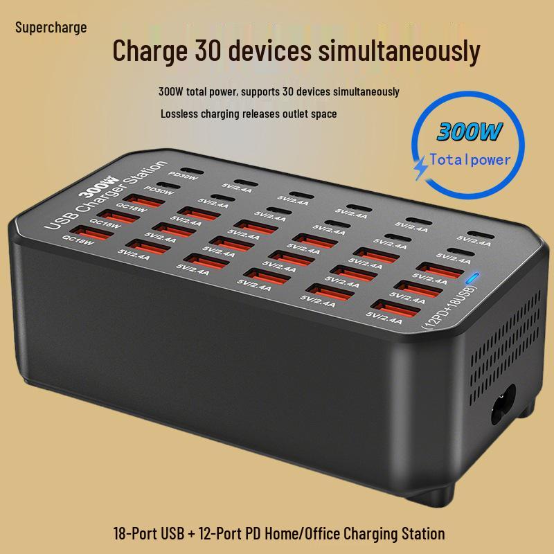 30-Port 300W USB Multifunction Charger for Apple, Huawei Tablets & Phones - PD Fast Charging Desktop Station US Plug чёрный