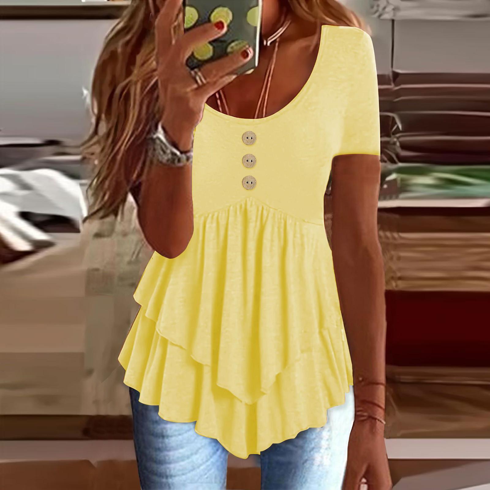 

Women s Fashion Loose Three Button Casual Solid Colour Short Sleeve T-Shirt Top XL жёлтый