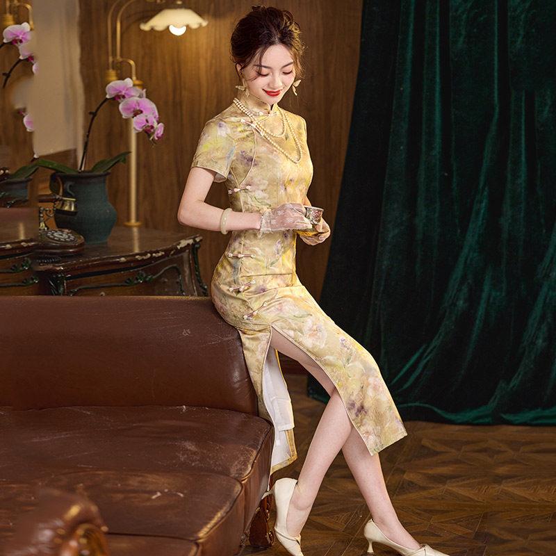 Yellow national style new Chinese style Suzhou daily long cheongsam improved young 1011 new women's high-end catwalk