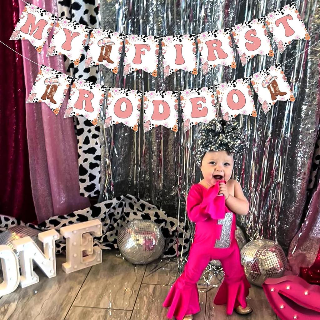 My First Rodeo 1st Birthday Banner, Western Cowgirl Theme, Pink Daisy Flower, Cardstock Banner for 1 Year Old Girl's Birthday Party Decorations