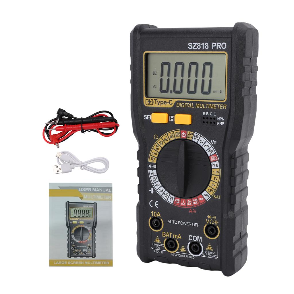 Digital-Multimeter, 1999 Zählwerte, AC/DC-Spannungstester mit LCD-Hintergrundbeleuchtung, Data-Hold, Automatische Abschaltung, HFE-Transistor