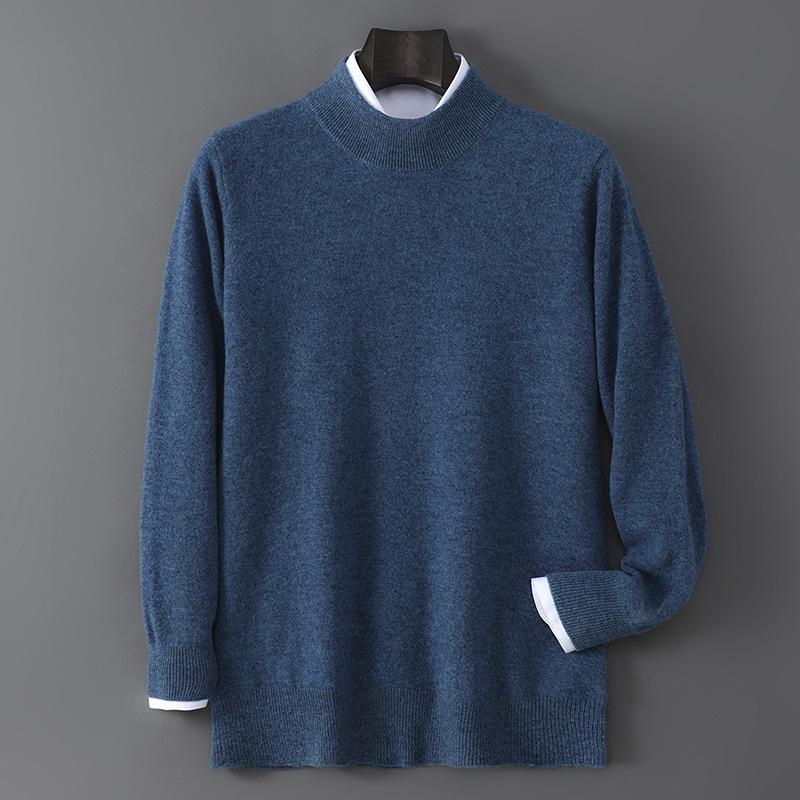 Men's 100% Pure Wool Half-High Neck Sweater - Solid Color, Business Casual Knit Base Layer Top