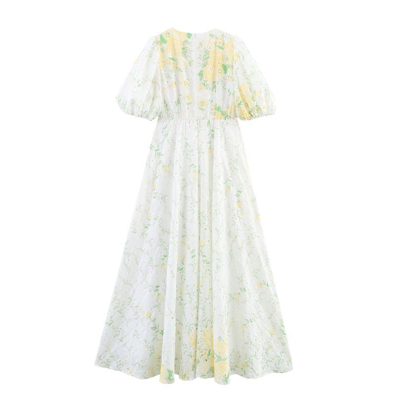 Zab Autumn New Women Clothes Western Style French Style Design Fresh V-neck Puff Sleeve Long Dress
