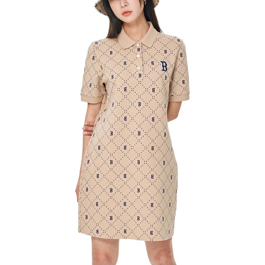 MLB Boston Red Sox Logo Print Polo Neck Casual Short Sleeve Dress Women dress Light-Sand-Brown 3FOPM0533-43SAL