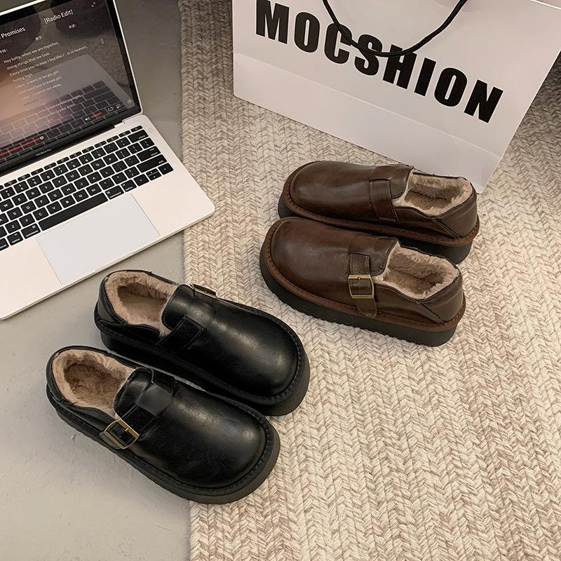 Mao Mao Shoes Women's Outer Wear 2025 New Autumn and Winter Thick-soled Small Leather Shoes One Pedal, Plush Warm Snow Boots Cotton Shoes