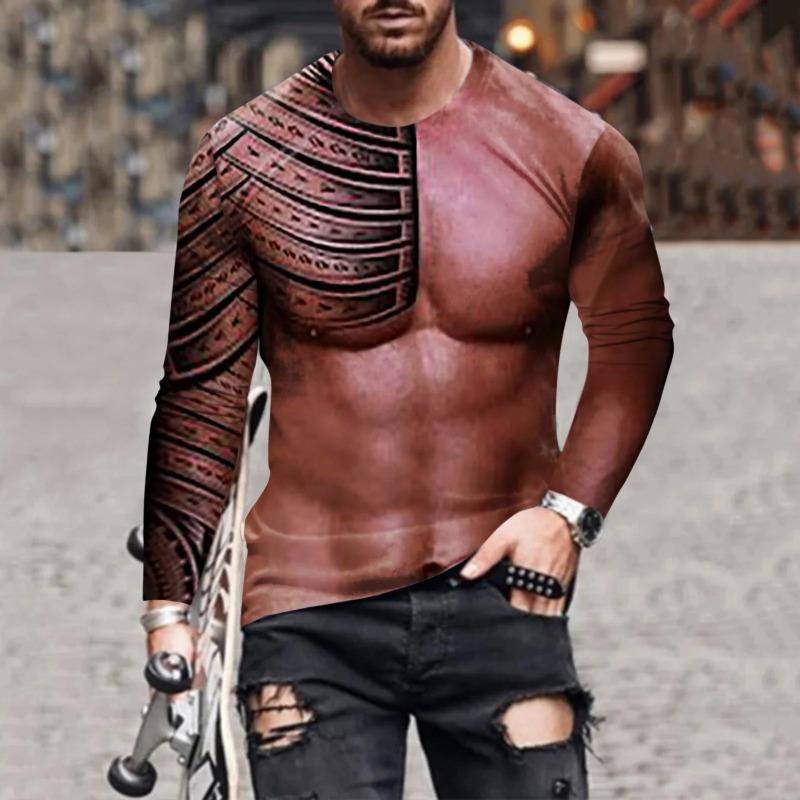 Wengy 2 Bodybuilding Spier Simulatie T-shirts 3D Print Gespierde Man Sport T-shirt Lange Mouw Heren Gym Fitness Top T-shirt Dagelijkse Kleding S