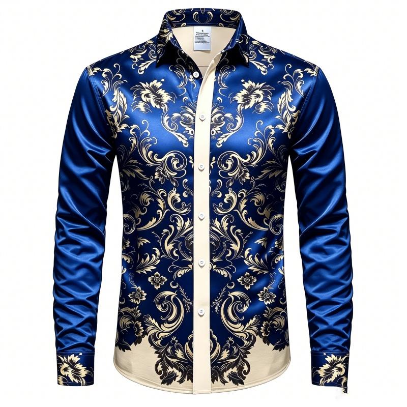 2026 Men's Shirt Long Sleeved Shirt Navy Blue Retro Vine Print Contrasting Shirt Casual Vacation Light Luxury Trendy Top