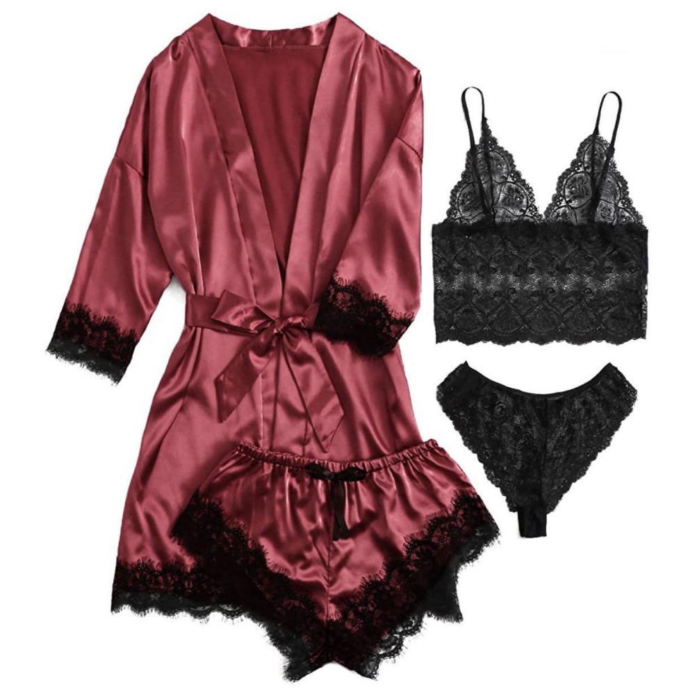 GMXIA Ladies' Pajama Four-piece Set, Lingerie, Large-sized Home Wear, Lace Pajama Sets