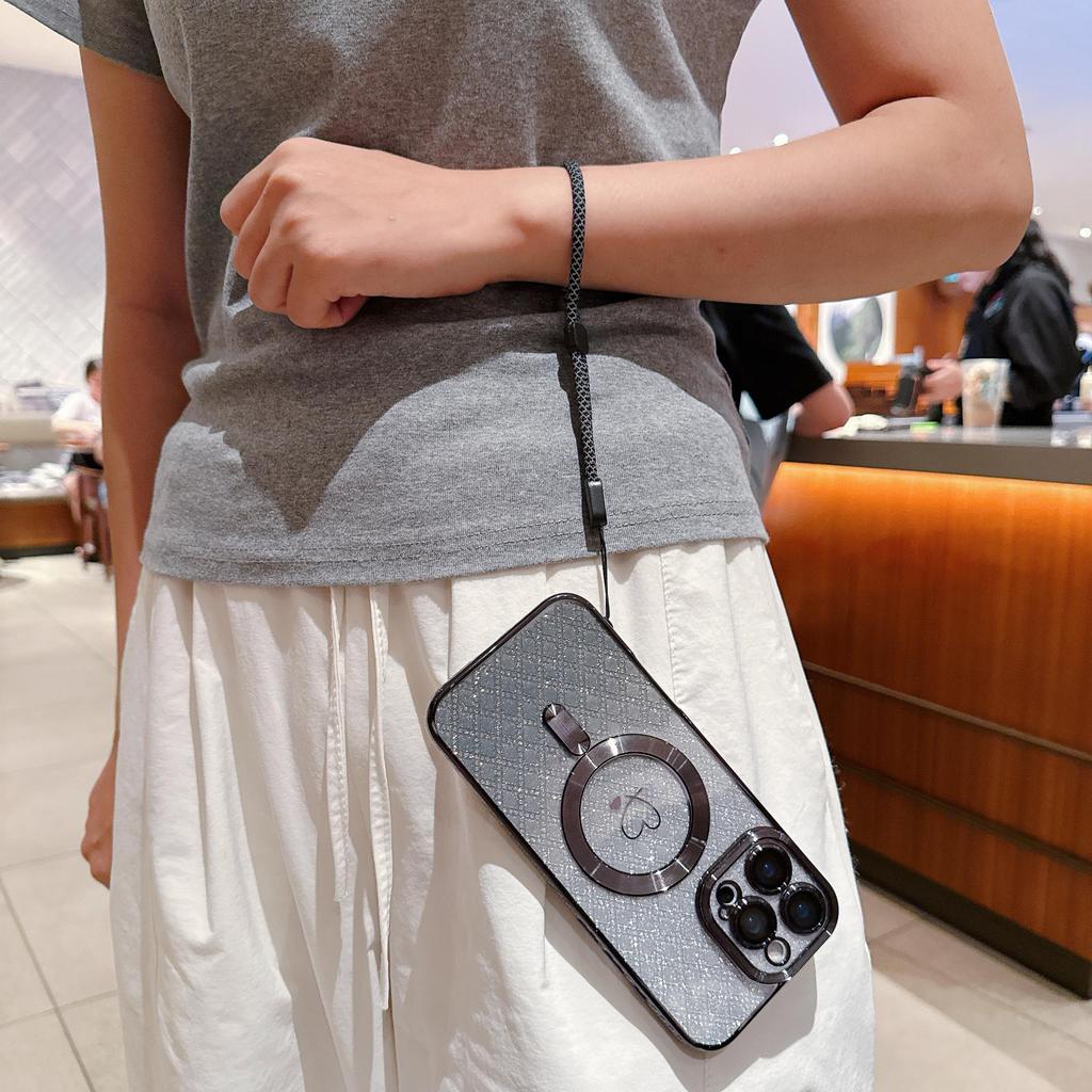 Lanyard Magnetic Gradient Color Glitter Bling Camera Lens Protect Bumper Phone Case For iPhone 17 Air 16 15 Pro Max Samsung S25 S24 Protective Cover