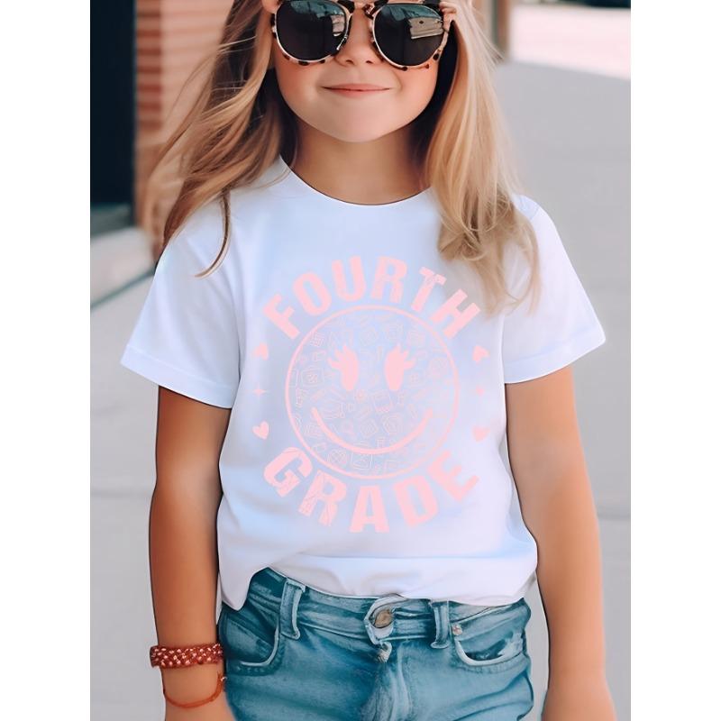 European Size Girls Round-neck Short-sleeved T-shirt with Smiling Face Pattern Print