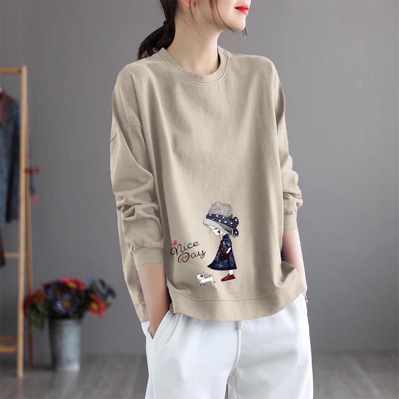 Brand Women's Plus Size Long Sleeve Printed Cotton Top – Round Neck, Casual Style