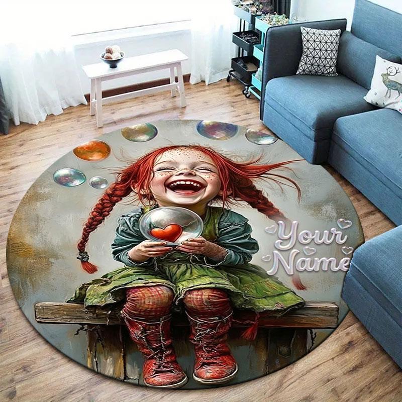 Pippi Longstocking Custom Name Round Area Rug,Carpet Rug for Living Room Bedroom Sofa Playroom Decor,Non-slip Floor Mat