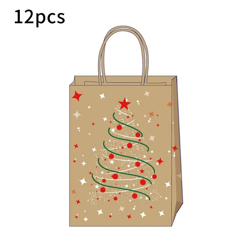 12pcs Christmas Snowflake Kraft Paper Bags with Handles Biscuit Candy Packaging Bag Xmas Tree Gift Pouch Home Decor Xmas Party