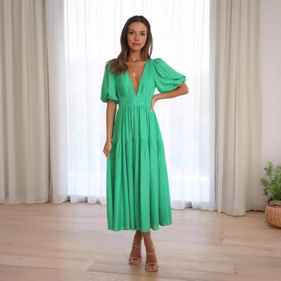 Women's Bohemian Long Dress Deep V Neck Puff Short Sleeve Swing Dress Summer Tiered Flowy A Line Midi Dress
