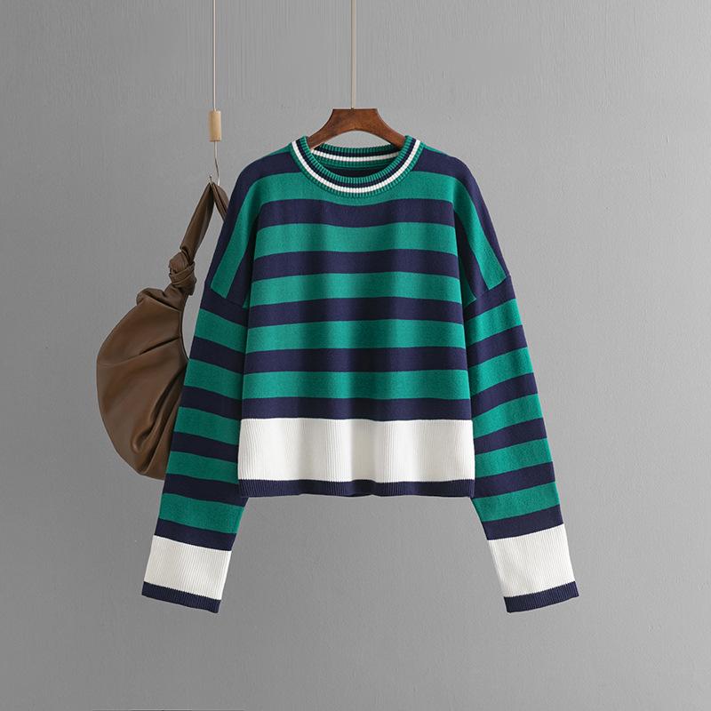 2024 Autumn/Winter Plus Size Women's Striped Knit Sweater - Long Sleeve Round Neck Top