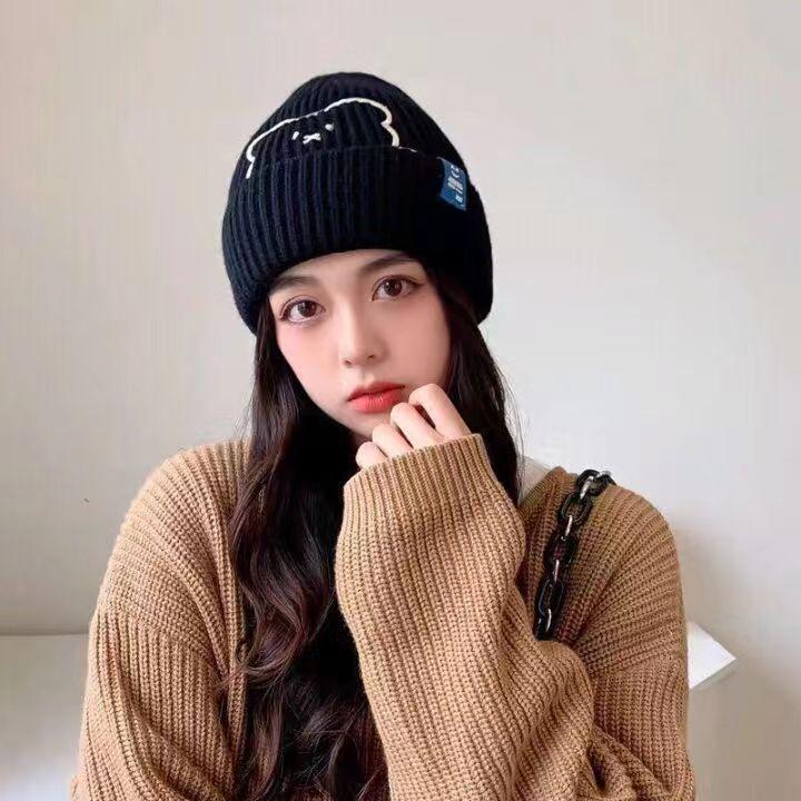 Winter New Bear Embroidery Cartoon Wool Hat Ins Versatile Warm Fashion Pullover Cold Hat Knitted Hat Children