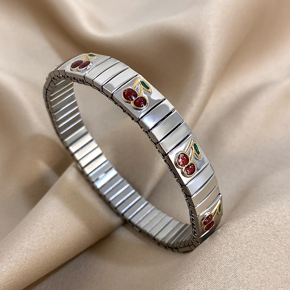 316L Stainless Steel Gold Color Strawberry Cherry Elastic Bangle Bracelet For Women Men Statement New Trend Wrist Zircon Gift