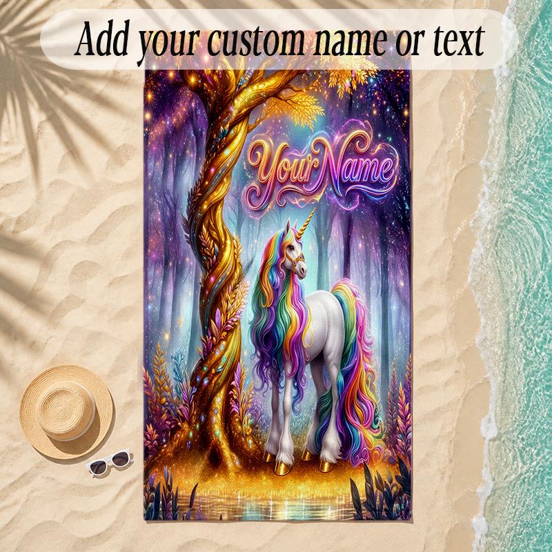 Unicorn Theme Soft Beach Towel Personalized Custom Name Text Towel Portable for Beach Pool Travel