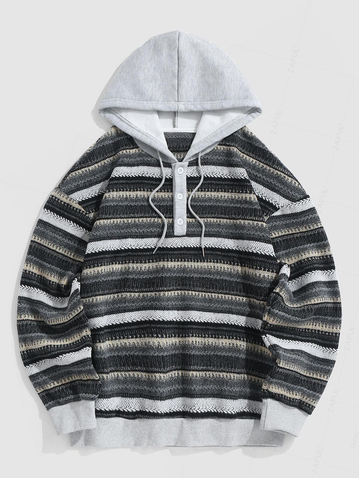 

ZAFUL Пушистый свитер с капюшоном на четверть пуговицы и цветными блоками XXL темно-серого