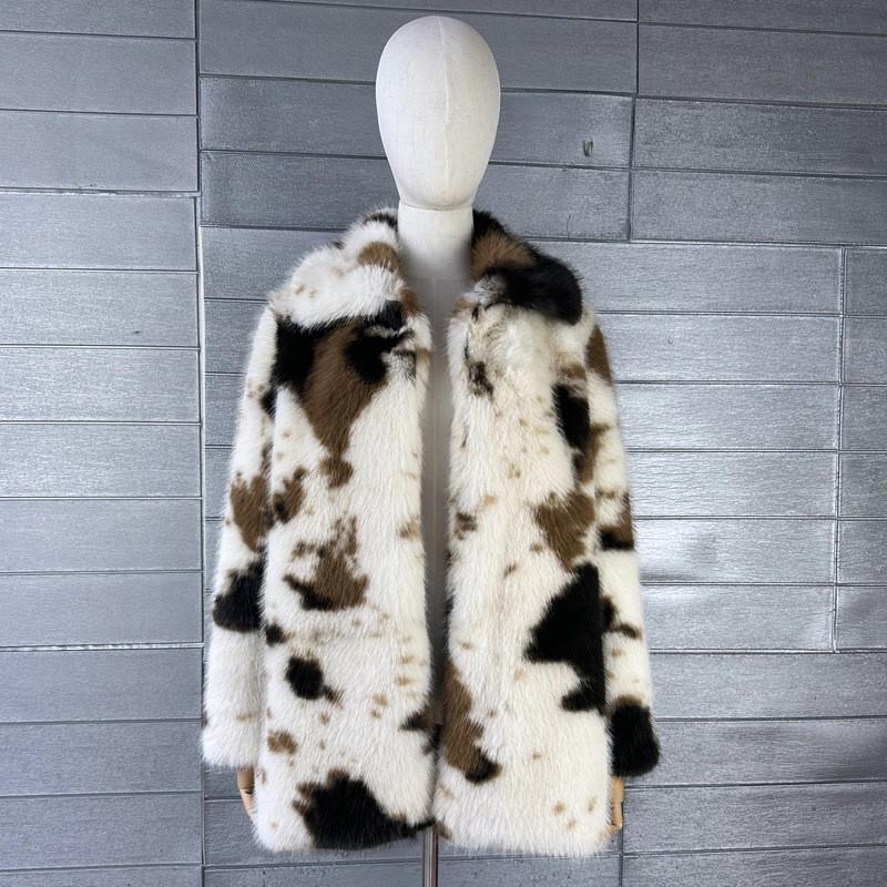 Damen Mittellanger Kunstpelzmantel Kuh Turn-Down Kragen Street Style S-M-L