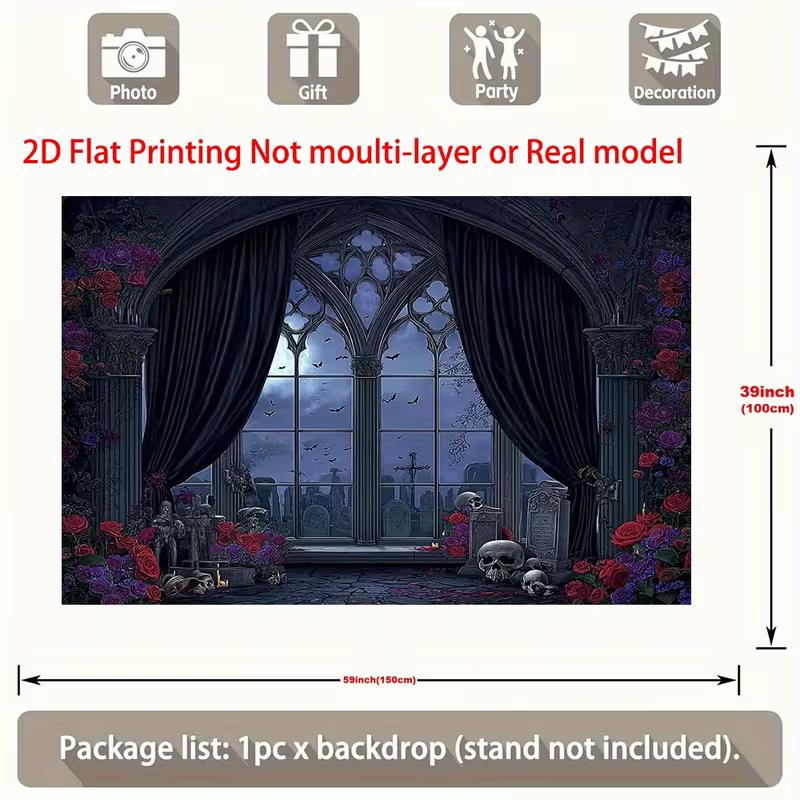 2D Gothic Halloween Cemetery Window Backdrop Photography Banner