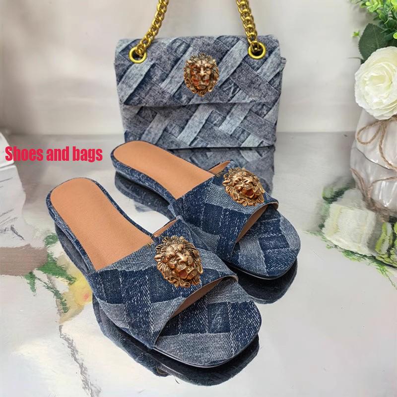 New Denim Lion Head Women's Flat Slippers, Denim Bag, Low-heeled Women's Fashionable Slippers and Bag Set