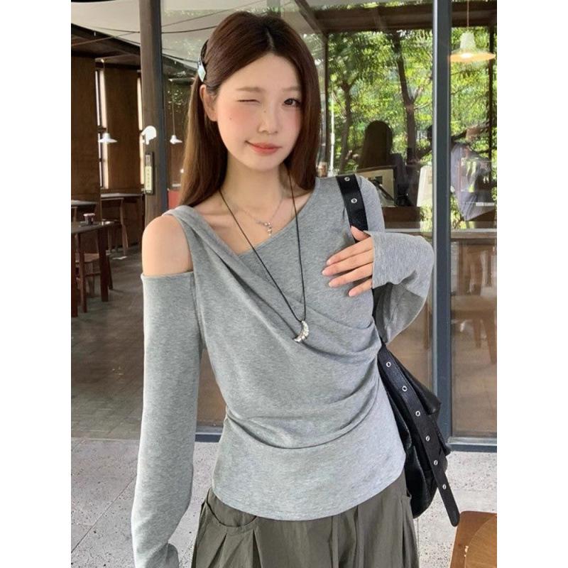 Gray Off-the-Shoulder Ruched Slim-Fit Long-Sleeve T-shirt for Women - Early Autumn Design