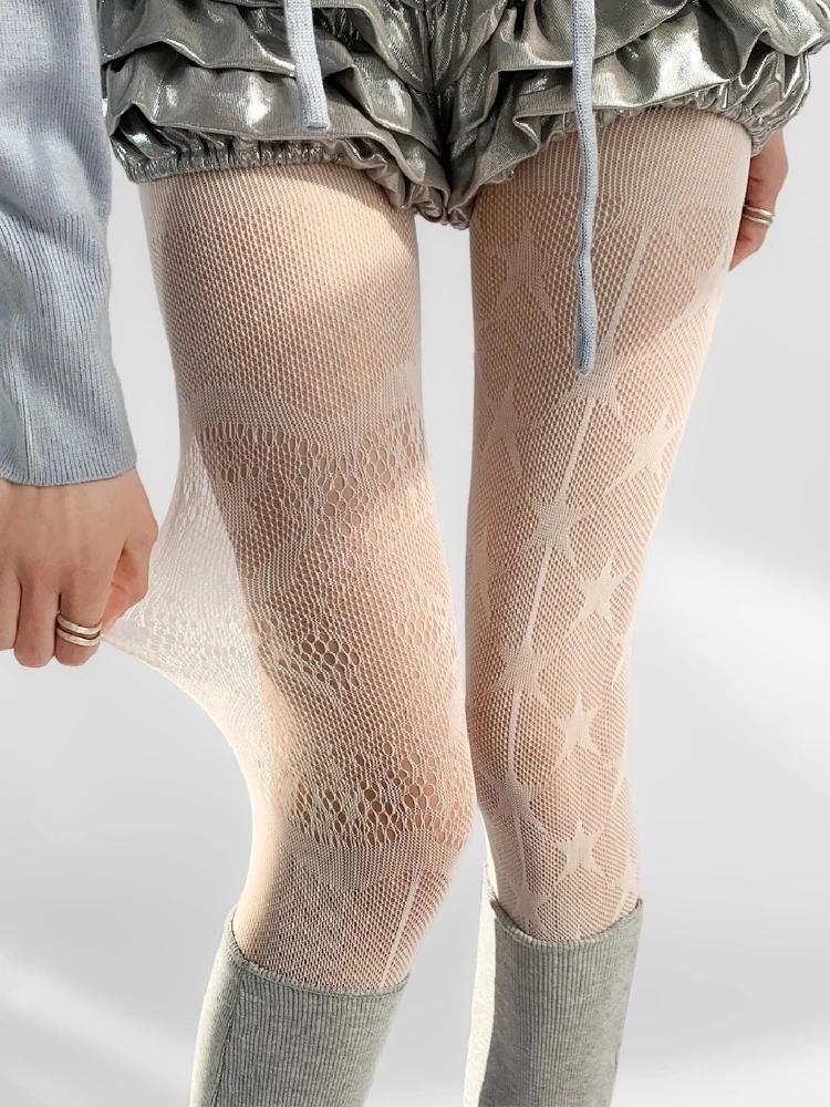 

Новые колготки для кофе AB Design панк женские сексуальные сетчатые чулки готическая лолита JK милые кружевные с принтом пятиконечной звезды сетчатые колготки One Size белый