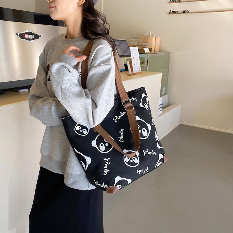 Black Green Brown White Panda Canvas Tote Bag With Large Capacity