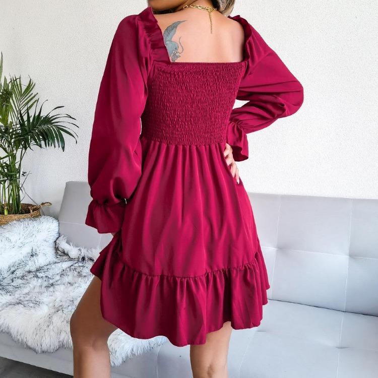 Flared Swing Dress Summer Spring Long Sleeve Square Neck Ruffled A Line Solid Color All Match Sizes S To XL