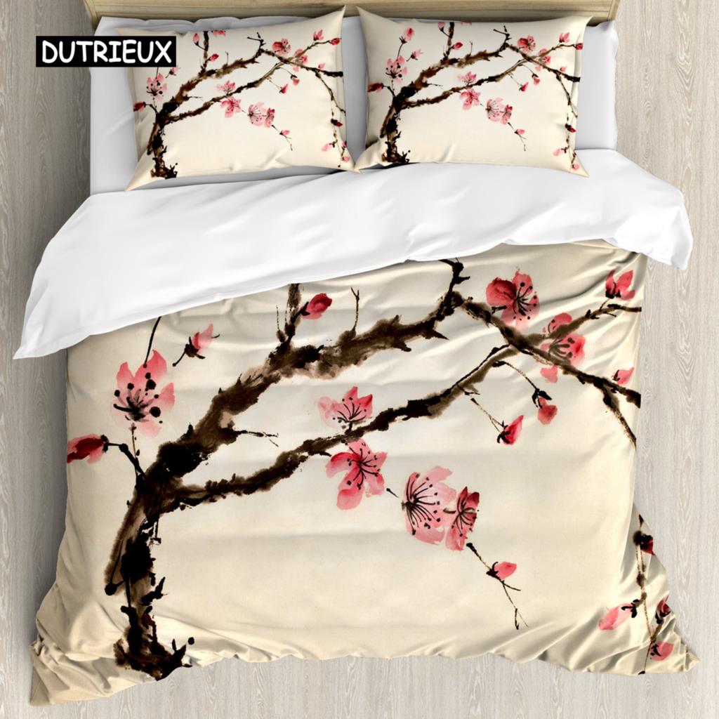 Japanese Duvet Cover Set Simplistic Cherry Blossom Tree Botanic Themed Pattern Fresh Organic Lines Bedding Set for Kids Girls