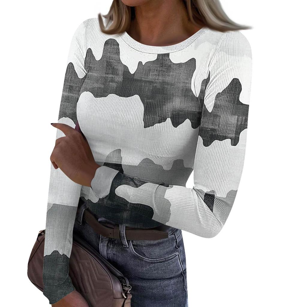 Dámské A Zimní Slim Spodní Tričko Módní Ležérní Gradientní Potisk Kulatý Výstřih Pulovr Dlouhý Rukáv Top