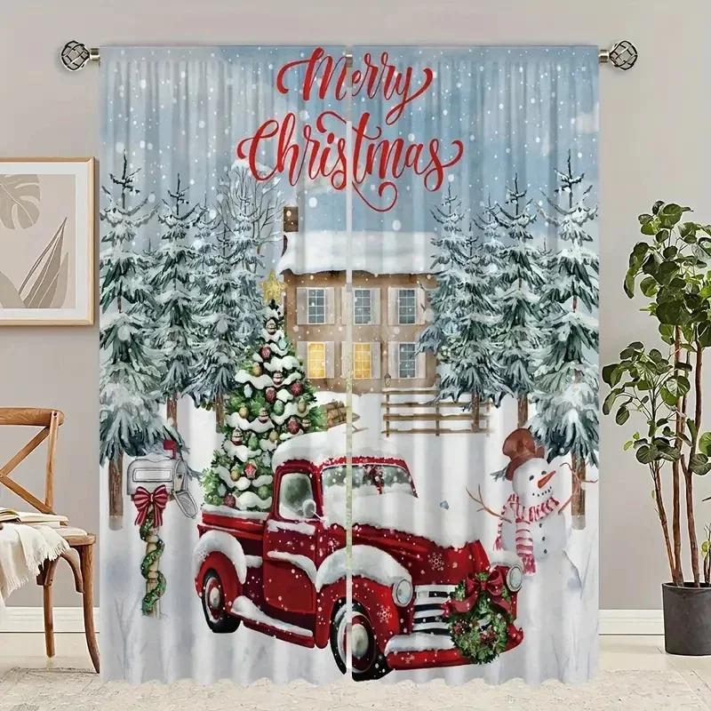 

3D 2pcs,Christmas Snowman,Red Cow Checkered Pattern With Rod Pocket Mount Digital Printed Curtains For Bedroom Living Room Kitch W65X60H(cm)X2Pcs&Grommet Top