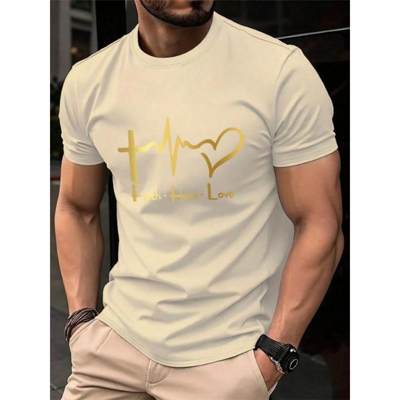 Men's Summer 100% Cotton Fashionable Casual Loose Large Size FAITH HOPE LOVE Printed Sports Round Neck Short Sleeve T-shirt Top