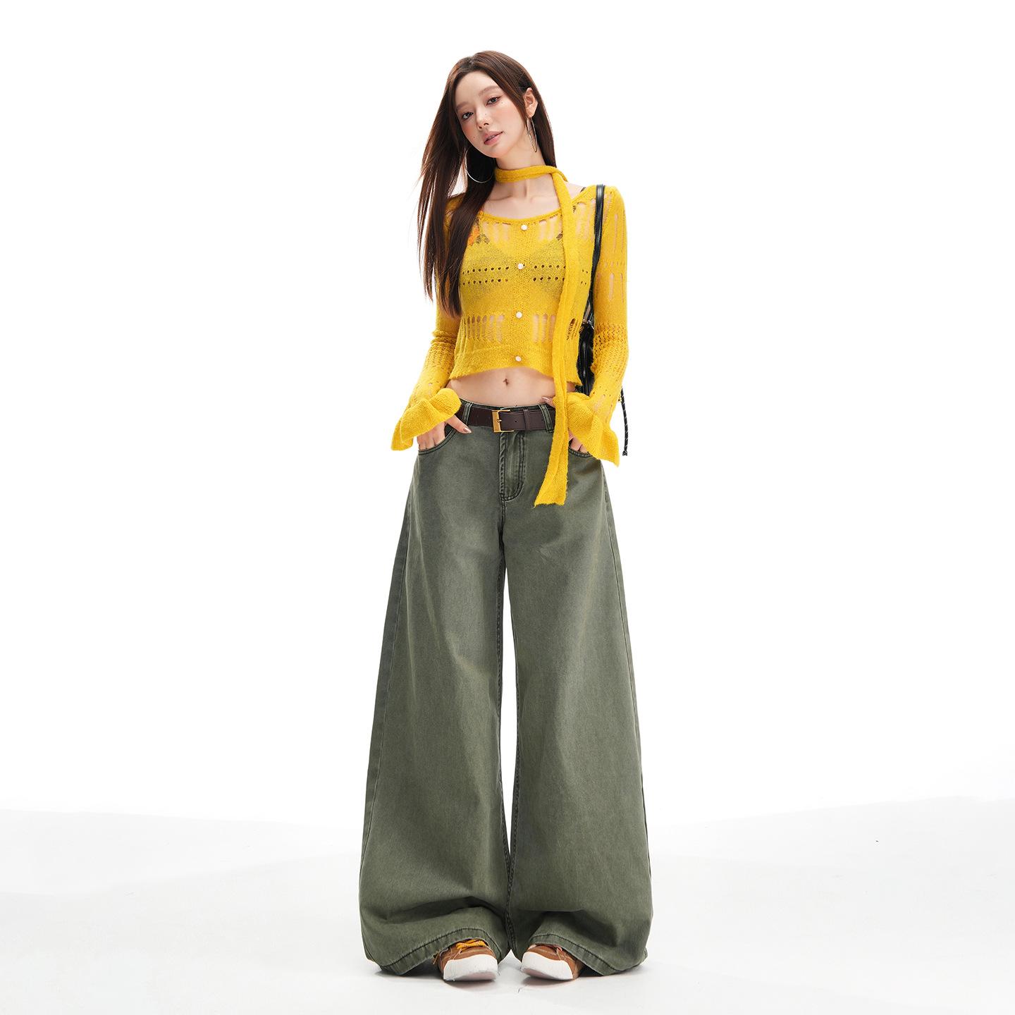 

Women s High Waist Fleece-Lined Washed Wide-Leg Pants - 2025 Autumn/Winter Collection Extra Large