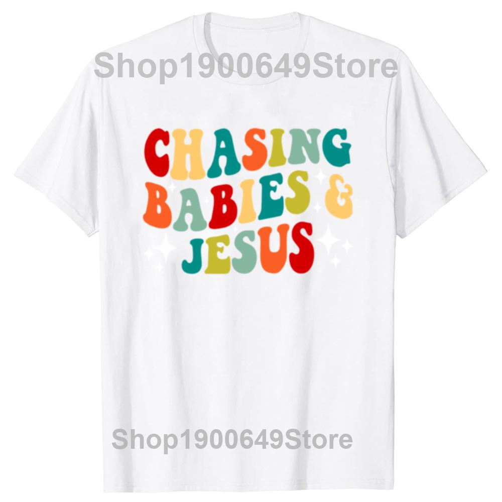 Vintage Chasing Babies and Jesus Christian Graphic Tshirt Men Women Hip Hop Faith T Shirt 100 Cotton Comfort Tshirts S