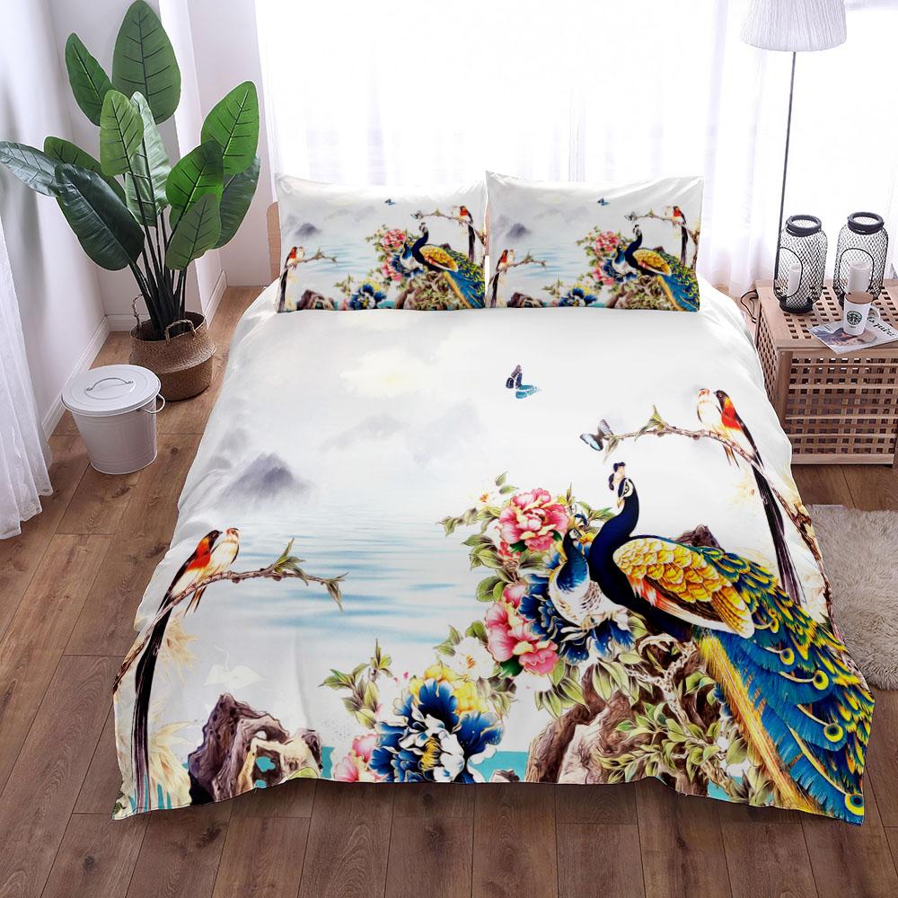 Watercolor Peacock Duvet Cover Set King Queen Double Full Twin Single Size Bed Linen Set