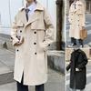 Men Winter Coat Double Breasted Long Sleeves Lapel Solid Color Buttons Keep Trendy Loose Outwear Mid Length Men Trench Coat for Street