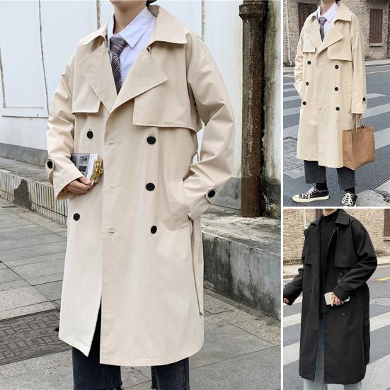 Men Winter Coat Double Breasted Long Sleeves Lapel Solid Color Buttons Keep