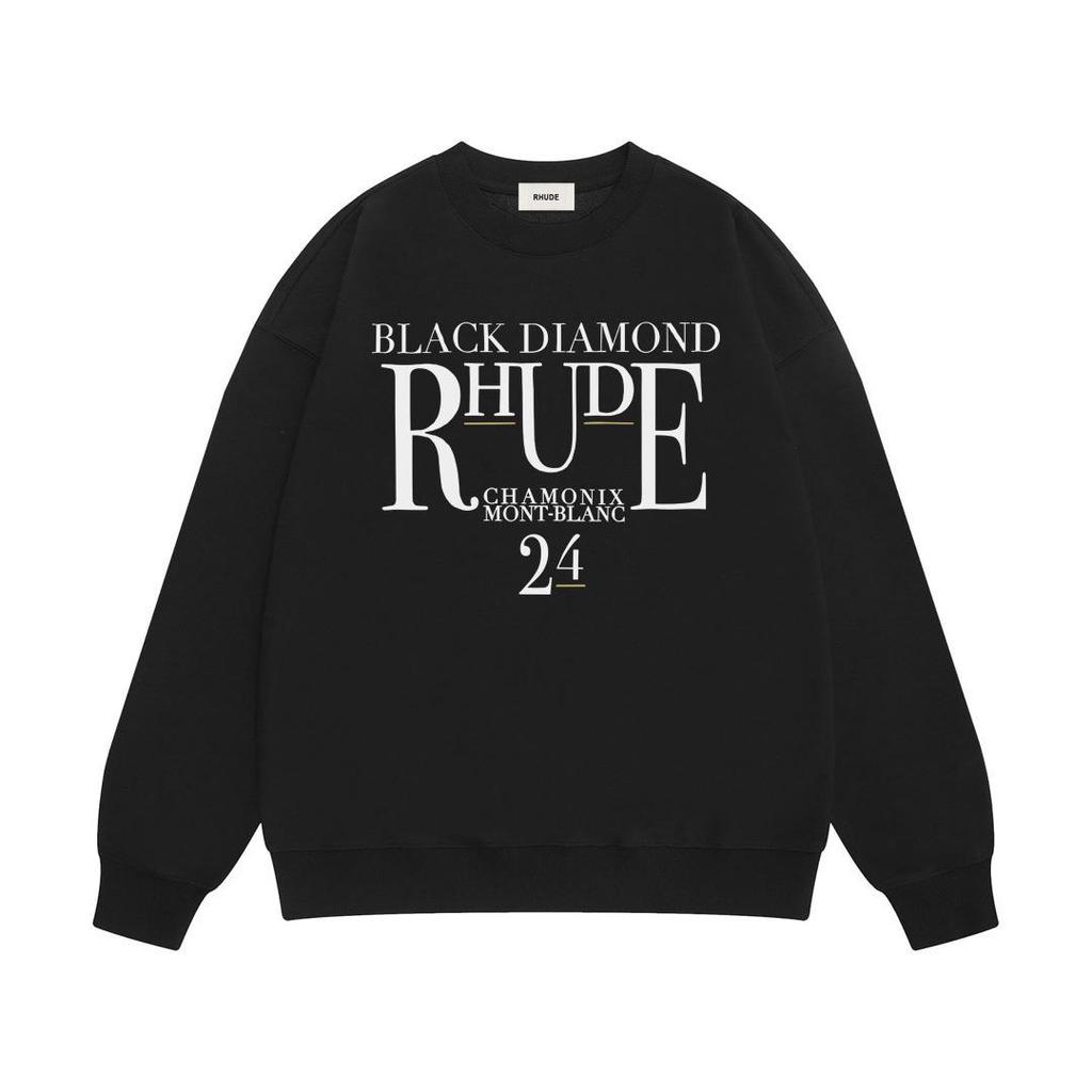 New Men's RHUDE Letter Print Loose Terry Round Neck Hoodie
