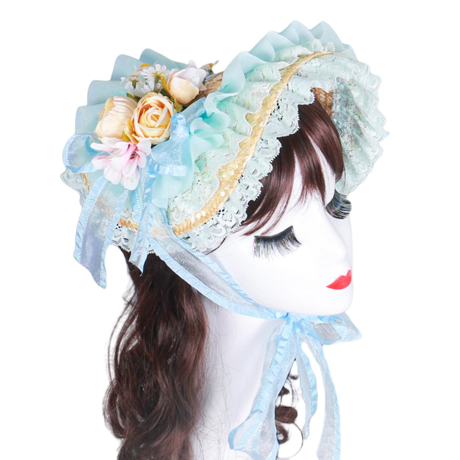 

Викторианский кружевной дизайн шляпа-бонетка из соломы для женщин с оборчатой отделкой и цветком розы для коктейльной вечеринки и косплей-мероприятия 6